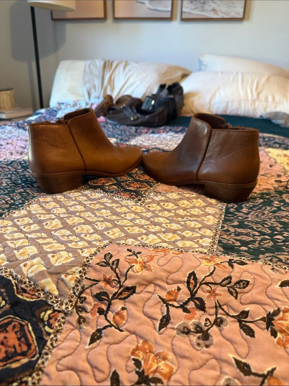 Sam Edelman Cognac Brown Leather Ankle Booties with Side Zip